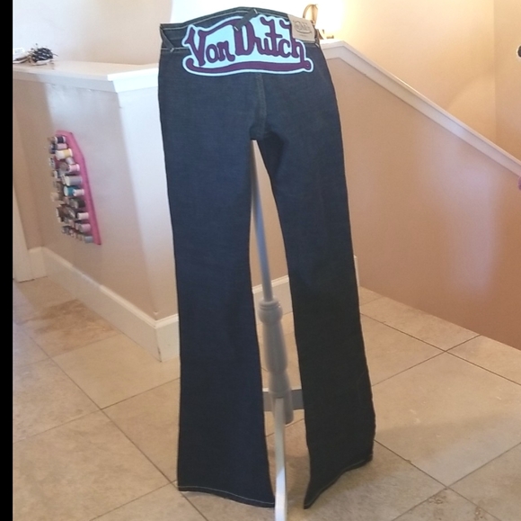 Y2k VON DUTCH Blue Purple Low Rise Flare Embroidery Patch Dark Wash Jeans 28 LN - Picture 14 of 16